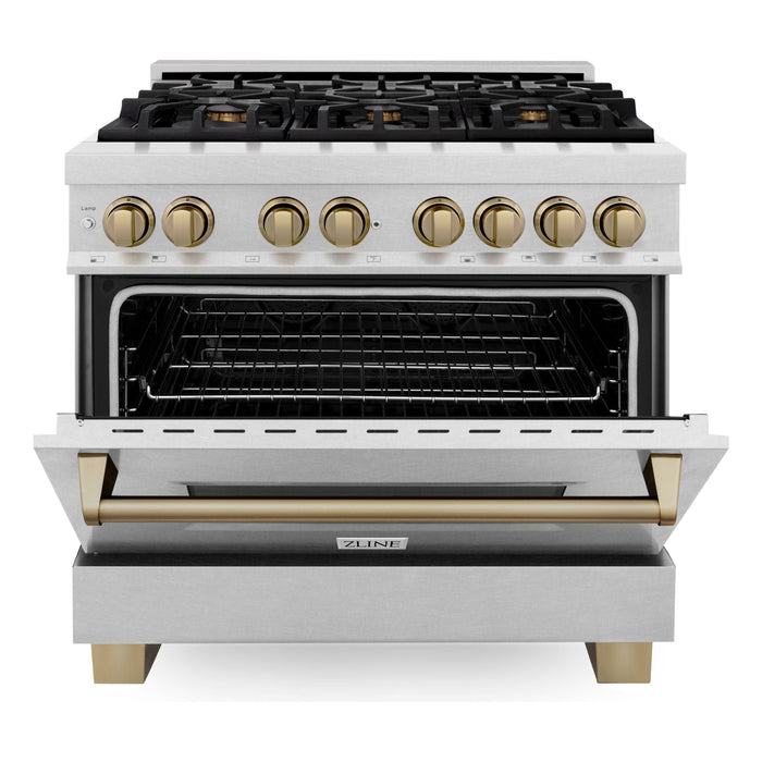 ZLINE Autograph Edition 36 in. 4.6 cu. ft. Range with Gas Stove and Electric Oven In DuraSnow with Champagne Bronze Accents RASZ-SN-36-CB