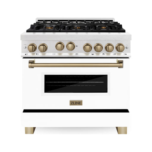 ZLINE Autograph Edition 36 in. Gas Range In DuraSnow with White Matte Door and Champagne Bronze Accents RGSZ-WM-36-CB