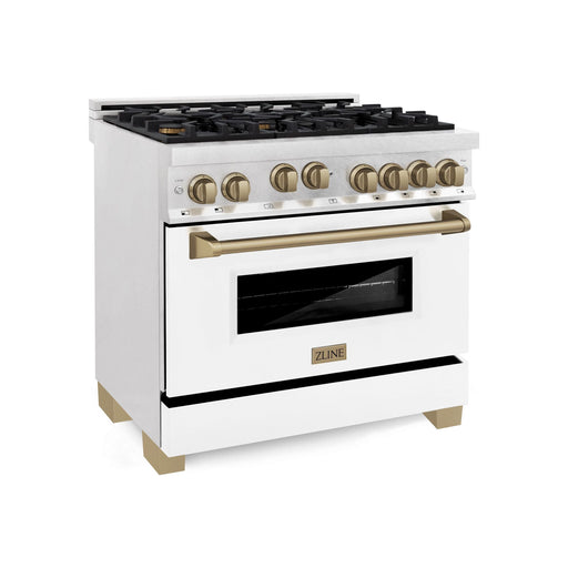 ZLINE Autograph Edition 36 in. Gas Range In DuraSnow with White Matte Door and Champagne Bronze Accents RGSZ-WM-36-CB