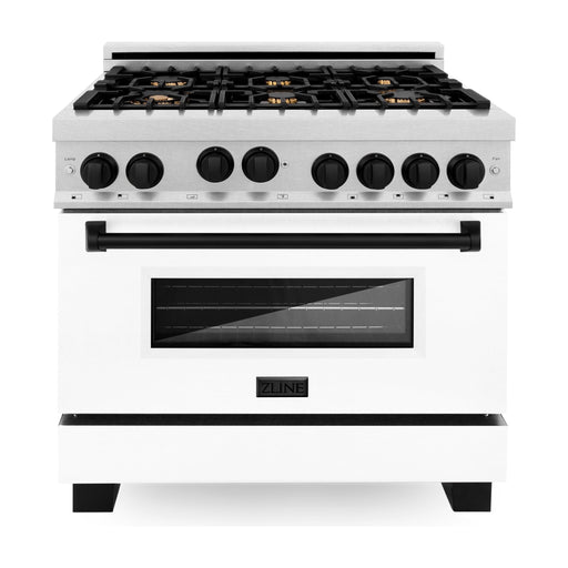 ZLINE Autograph Edition 36 in. Gas Range In DuraSnow with White Matte Door and Matte Black Accents RGSZ-WM-36-MB