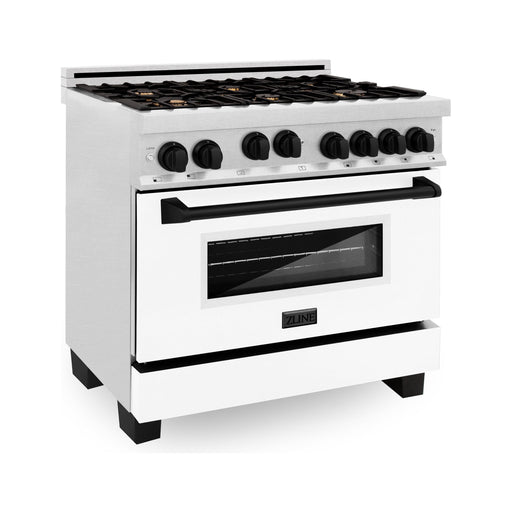 ZLINE Autograph Edition 36 in. Gas Range In DuraSnow with White Matte Door and Matte Black Accents RGSZ-WM-36-MB