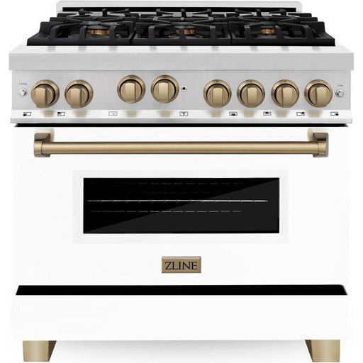 ZLINE Autograph Edition 36 in. Gas Range with White Matte Door and Champagne Bronze Accents RGZ-WM-36-CB