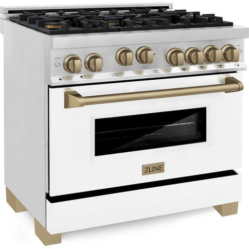 ZLINE Autograph Edition 36 in. Gas Range with White Matte Door and Champagne Bronze Accents RGZ-WM-36-CB