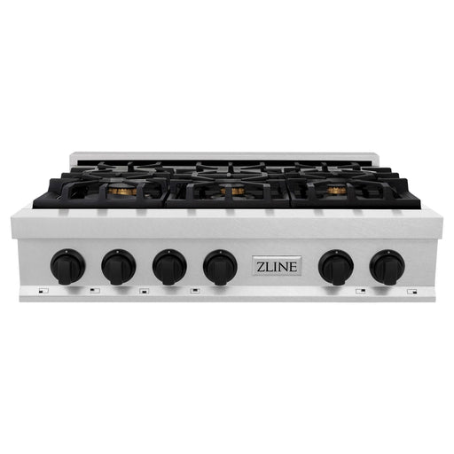 ZLINE Rangetops ZLINE Autograph Edition 36 In. Porcelain Rangetop with 6 Gas Burners In DuraSnow Stainless Steel and Matte Black Accents RTSZ-36-MB
