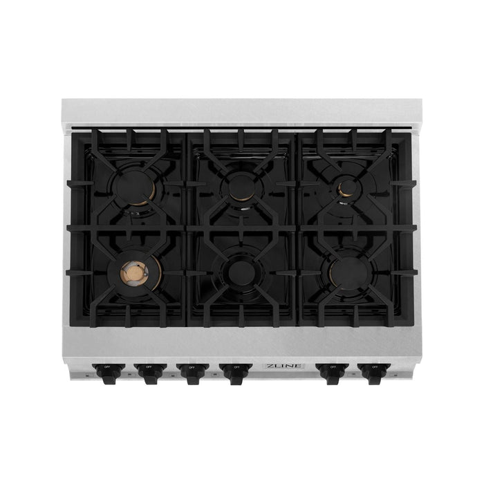 ZLINE Rangetops ZLINE Autograph Edition 36 In. Porcelain Rangetop with 6 Gas Burners In DuraSnow Stainless Steel and Matte Black Accents RTSZ-36-MB