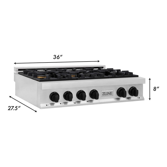 ZLINE Rangetops ZLINE Autograph Edition 36 in. Porcelain Rangetop with 6 Gas Burners In Stainless Steel and Matte Black Accents RTZ-36-MB