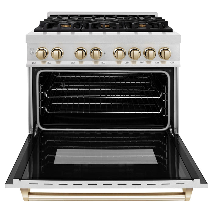 ZLINE Autograph Edition 36 In. Range, Gas Stove and Electric Oven In DuraSnow Stainless Steel with Gold Accent RASZ-SN-36-G