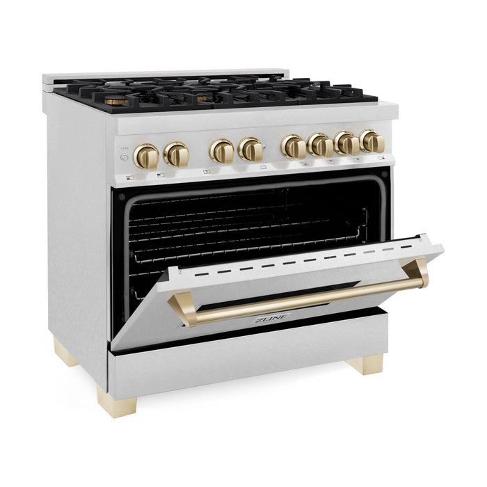 ZLINE Autograph Edition 36 In. Range, Gas Stove and Electric Oven In DuraSnow Stainless Steel with Gold Accent RASZ-SN-36-G