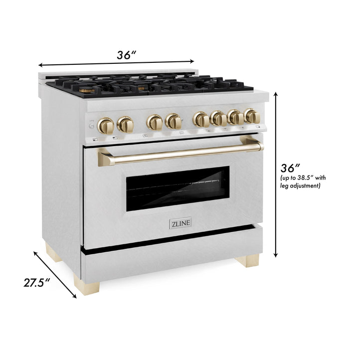 ZLINE Autograph Edition 36 In. Range, Gas Stove and Electric Oven In DuraSnow Stainless Steel with Gold Accent RASZ-SN-36-G