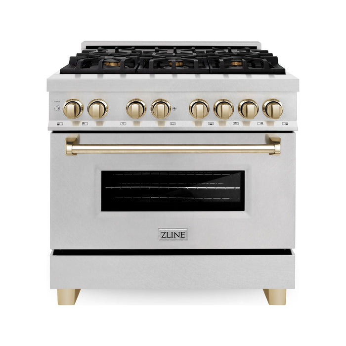 ZLINE Ranges ZLINE Autograph Edition 36 In. Range, Gas Stove and Electric Oven In DuraSnow Stainless Steel with Gold Accent RASZ-SN-36-G