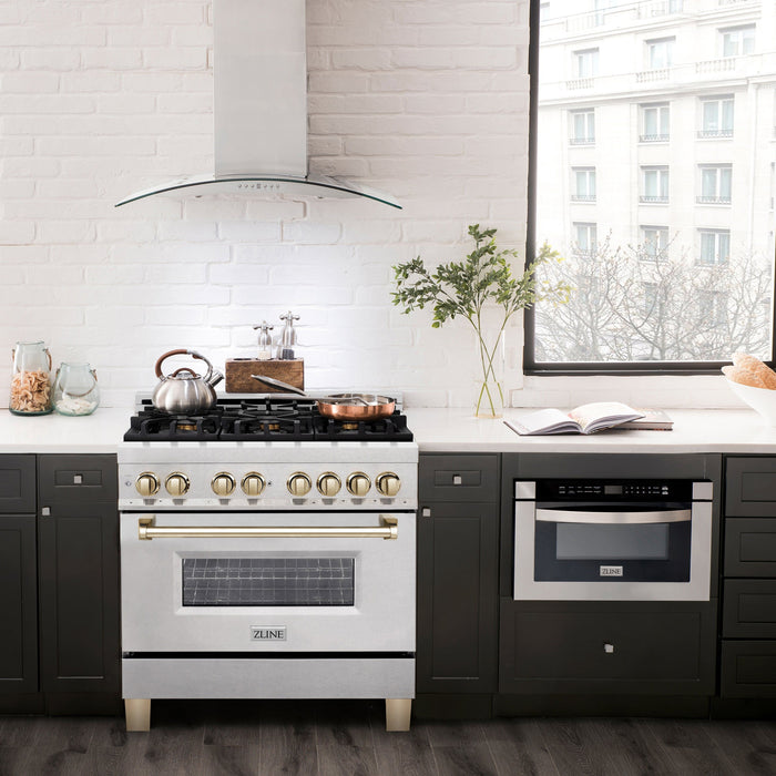 ZLINE Ranges ZLINE Autograph Edition 36 In. Range, Gas Stove and Electric Oven In DuraSnow Stainless Steel with Gold Accent RASZ-SN-36-G