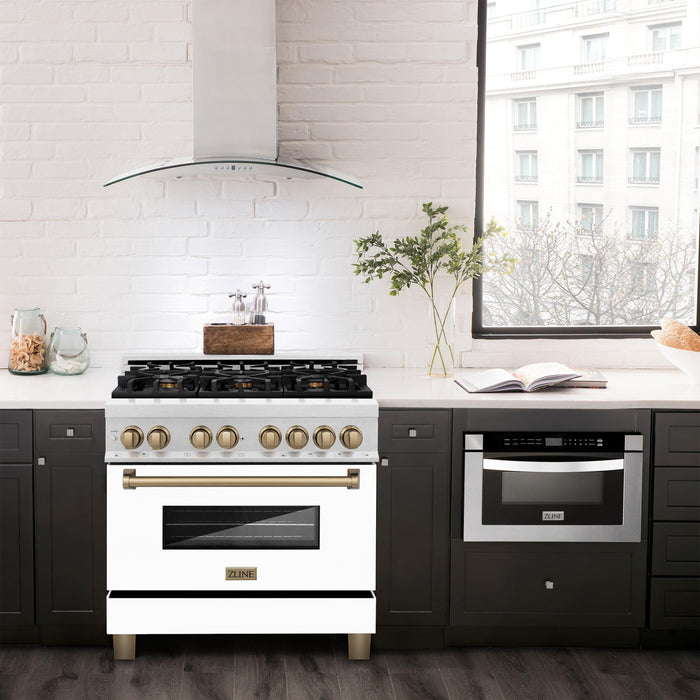 ZLINE Autograph Edition 36 In. Range, Gas Stove and Electric Oven In DuraSnow Stainless Steel with White Matte Door and Champagne Bronze Accent RASZ-WM-36-CB