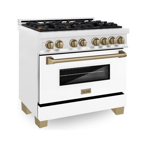 ZLINE Ranges ZLINE Autograph Edition 36 In. Range, Gas Stove and Electric Oven In DuraSnow Stainless Steel with White Matte Door and Champagne Bronze Accent RASZ-WM-36-CB