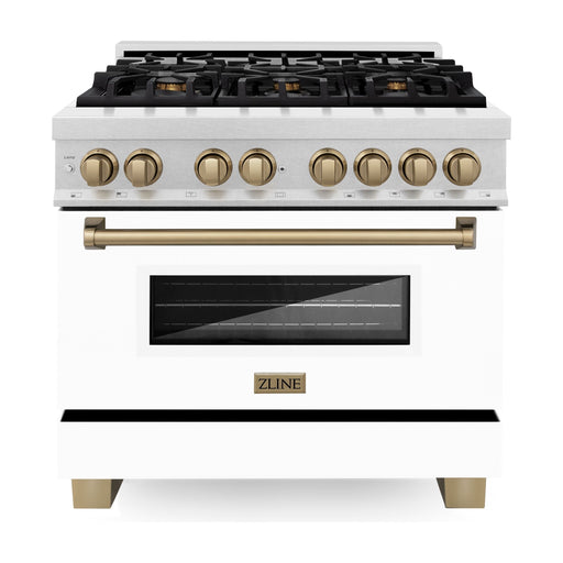 ZLINE Ranges ZLINE Autograph Edition 36 In. Range, Gas Stove and Electric Oven In DuraSnow Stainless Steel with White Matte Door and Champagne Bronze Accent RASZ-WM-36-CB