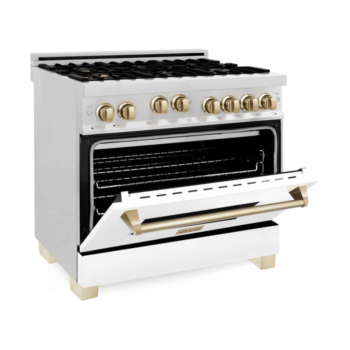 ZLINE Autograph Edition 36 in. Range with Gas Burner and Gas Oven Range In DuraSnow with White Matte Door and Gold Accents RGSZ-WM-36-G