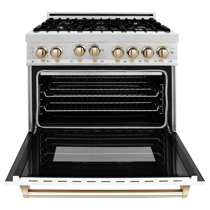 ZLINE Autograph Edition 36 in. Range with Gas Burner and Gas Oven Range In DuraSnow with White Matte Door and Gold Accents RGSZ-WM-36-G