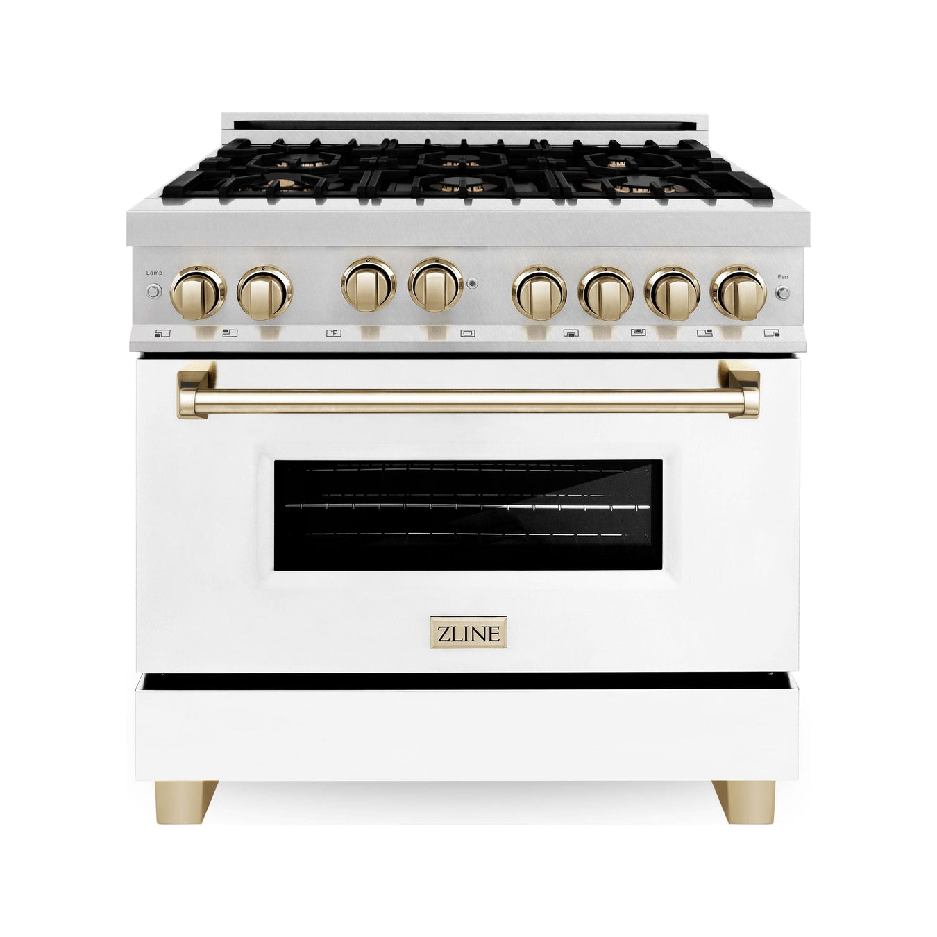 ZLINE Autograph Edition 36 in. Range with Gas Burner and Gas Oven Range In DuraSnow with White Matte Door and Gold Accents RGSZ-WM-36-G