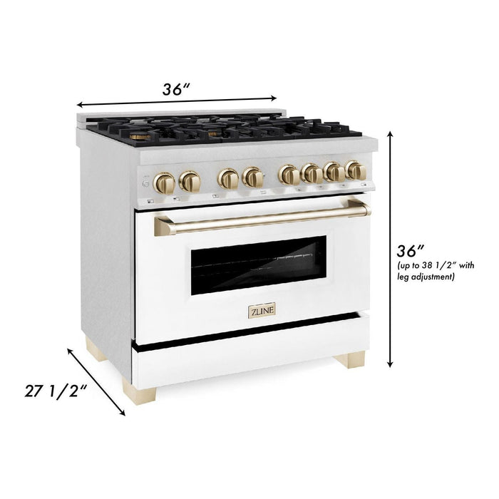 ZLINE Autograph Edition 36 In. Range with Gas Stove and Electric Oven In DuraSnow Stainless Steel with White Matte Door and Gold Accent RASZ-WM-36-G