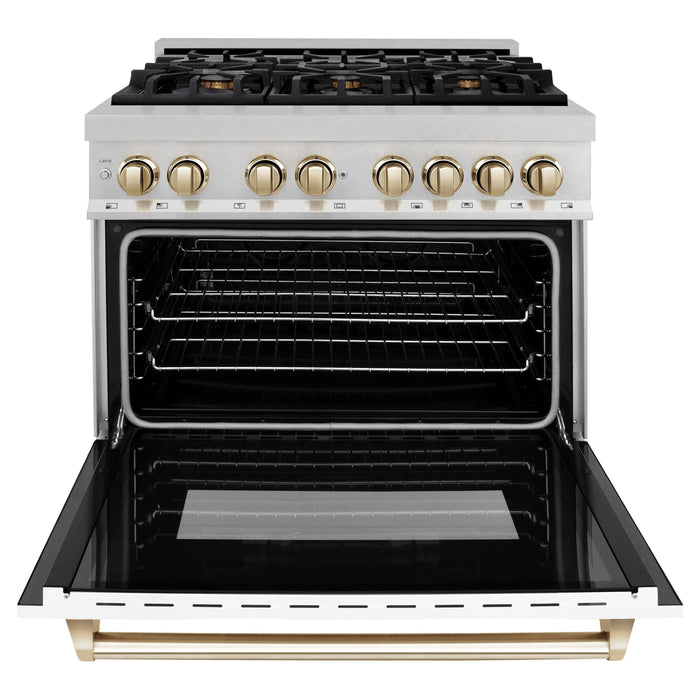 ZLINE Autograph Edition 36 In. Range with Gas Stove and Electric Oven In DuraSnow Stainless Steel with White Matte Door and Gold Accent RASZ-WM-36-G