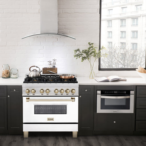 ZLINE Ranges ZLINE Autograph Edition 36 In. Range with Gas Stove and Electric Oven In DuraSnow Stainless Steel with White Matte Door and Gold Accent RASZ-WM-36-G