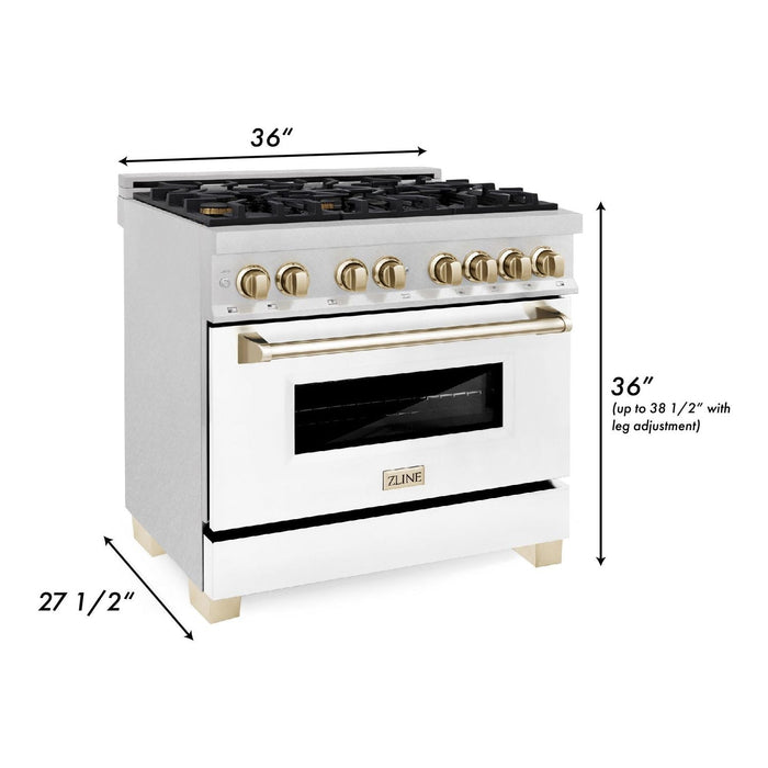 ZLINE Ranges ZLINE Autograph Edition 36 In. Range with Gas Stove and Electric Oven In DuraSnow Stainless Steel with White Matte Door and Gold Accent RASZ-WM-36-G