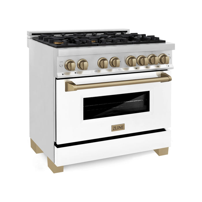 ZLINE Autograph Edition 36 in. Range with Gas Stove, Electric Oven with White Matte Door and Champagne Bronze Accents RAZ-WM-36-CB