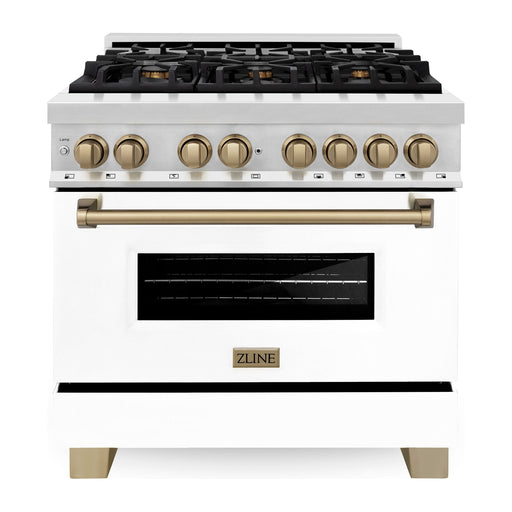 ZLINE Autograph Edition 36 in. Range with Gas Stove, Electric Oven with White Matte Door and Champagne Bronze Accents RAZ-WM-36-CB