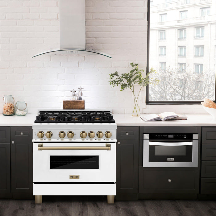 ZLINE Autograph Edition 36 in. Range with Gas Stove, Electric Oven with White Matte Door and Champagne Bronze Accents RAZ-WM-36-CB