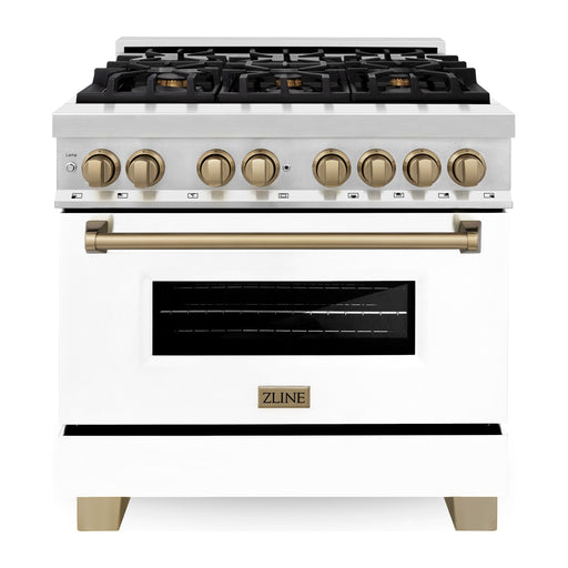 ZLINE Ranges ZLINE Autograph Edition 36 in. Range with Gas Stove, Electric Oven with White Matte Door and Champagne Bronze Accents RAZ-WM-36-CB