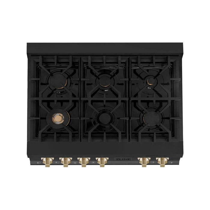 ZLINE Rangetops ZLINE Autograph Edition 36 Inch Porcelain Rangetop with 6 Gas Burners in Black Stainless Steel and Gold Accents, RTBZ-36-G