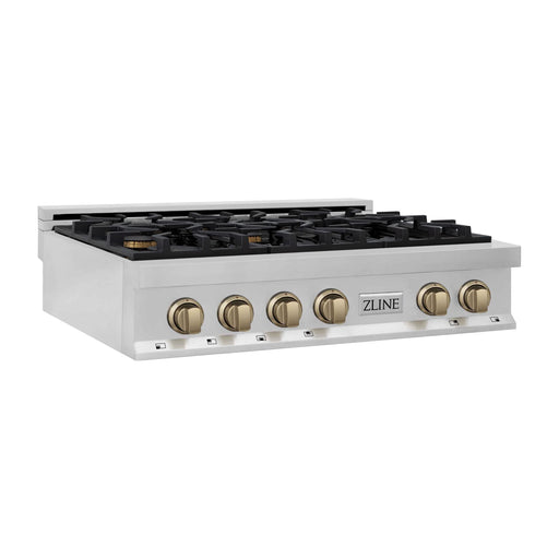 ZLINE Autograph Edition 36 Inch Porcelain Rangetop with 6 Gas Burners In Stainless Steel and Champagne Bronze Accents RTZ-36-CB