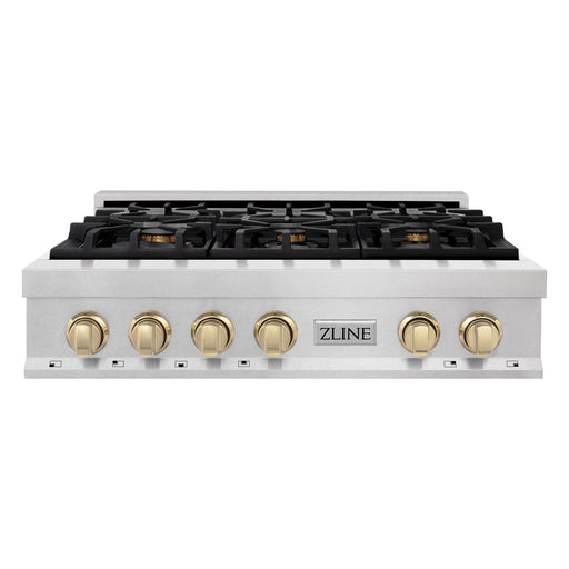 ZLINE Rangetops ZLINE Autograph Edition 36" Porcelain Rangetop with 6 Gas Burners In DuraSnow Stainless Steel and Gold Accents RTSZ-36-G