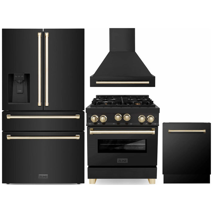 ZLINE Autograph Edition 4-Piece Appliance Package - 30-Inch Gas Range, Refrigerator with Water Dispenser, Wall Mounted Range Hood, & 24-Inch Tall Tub Dishwasher in Black Stainless Steel with Gold Trim (4KAPR-RGBRHDWV30-G)