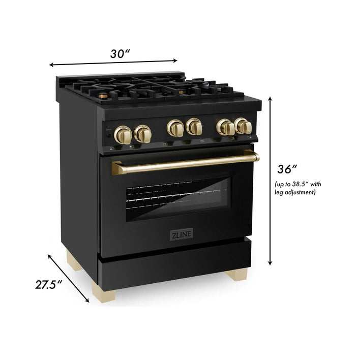 ZLINE Autograph Edition 4-Piece Appliance Package - 30-Inch Gas Range, Refrigerator with Water Dispenser, Wall Mounted Range Hood, & 24-Inch Tall Tub Dishwasher in Black Stainless Steel with Gold Trim (4KAPR-RGBRHDWV30-G)