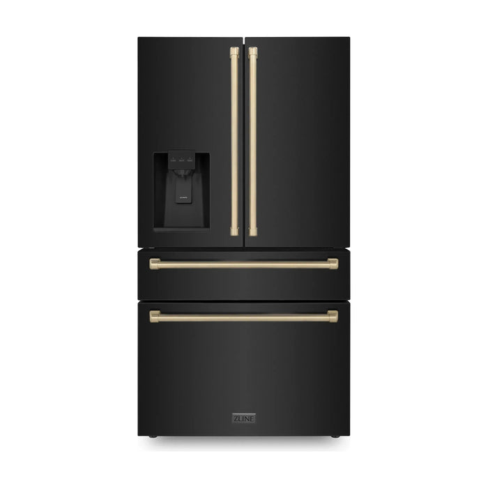 ZLINE Autograph Edition 4-Piece Appliance Package - 48-Inch Gas Range, Refrigerator with Water Dispenser, Wall Mounted Range Hood, & 24-Inch Tall Tub Dishwasher in Black Stainless Steel with Champagne Bronze Trim (4KAPR-RGBRHDWV48-CB)