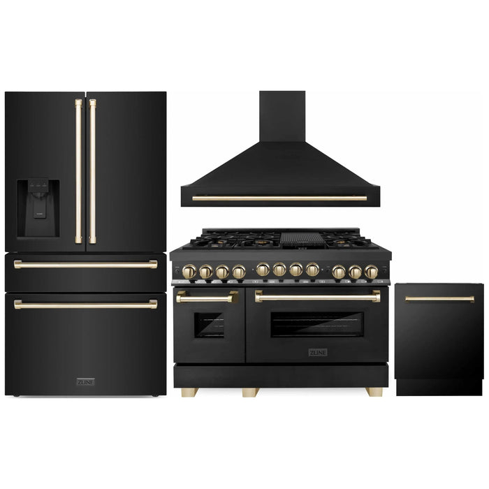 ZLINE Autograph Edition 4-Piece Appliance Package - 48-Inch Gas Range, Refrigerator with Water Dispenser, Wall Mounted Range Hood, & 24-Inch Tall Tub Dishwasher in Black Stainless Steel with Gold Trim (4KAPR-RGBRHDWV48-G)