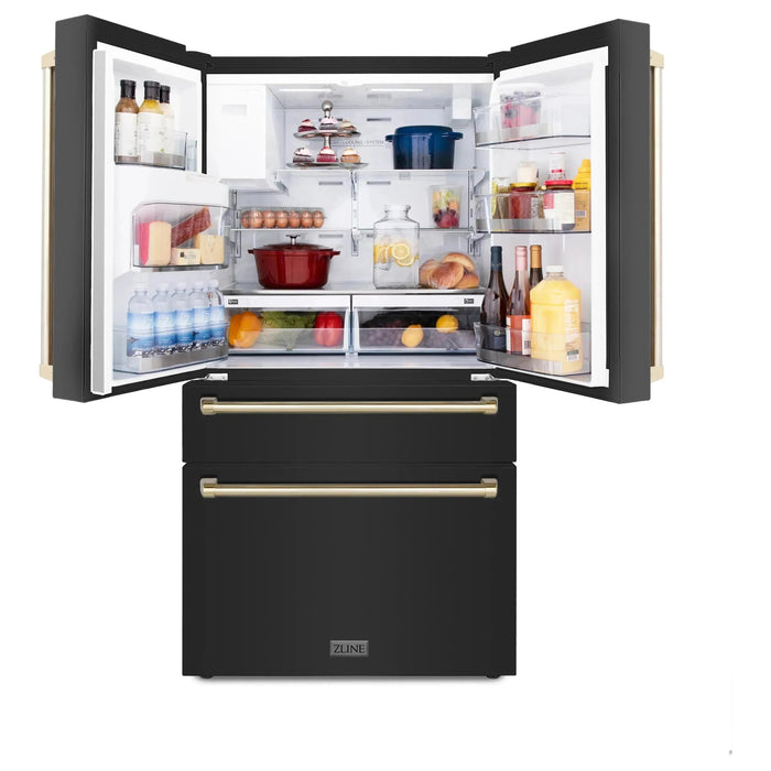 ZLINE Autograph Edition 4-Piece Appliance Package - 48-Inch Gas Range, Refrigerator with Water Dispenser, Wall Mounted Range Hood, & 24-Inch Tall Tub Dishwasher in Black Stainless Steel with Gold Trim (4KAPR-RGBRHDWV48-G)