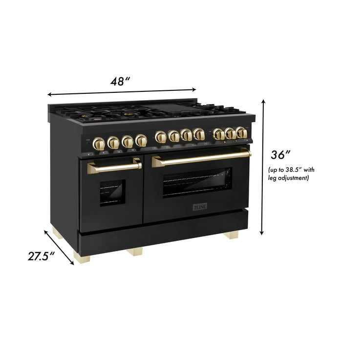 ZLINE Kitchen Appliance Packages ZLINE Autograph Edition 4-Piece Appliance Package - 48-Inch Gas Range, Refrigerator with Water Dispenser, Wall Mounted Range Hood, & 24-Inch Tall Tub Dishwasher in Black Stainless Steel with Gold Trim (4KAPR-RGBRHDWV48-G)