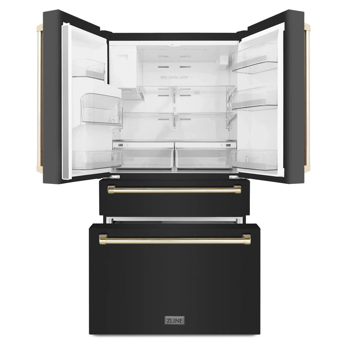 ZLINE Kitchen Appliance Packages ZLINE Autograph Edition 4-Piece Appliance Package - 48-Inch Gas Range, Refrigerator with Water Dispenser, Wall Mounted Range Hood, & 24-Inch Tall Tub Dishwasher in Black Stainless Steel with Gold Trim (4KAPR-RGBRHDWV48-G)