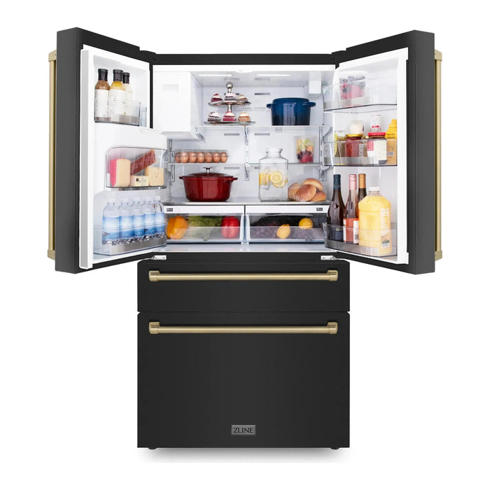 ZLINE Kitchen Appliance Packages ZLINE Autograph Edition 4-Piece Appliance Package - 48-Inch Gas Range, Refrigerator with Water Dispenser, Wall Mounted Range Hood, & 24-Inch Tall Tub Dishwasher in Black Stainless Steel with Champagne Bronze Trim (4KAPR-RGBRHDWV48-CB)