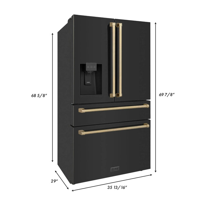 ZLINE Kitchen Appliance Packages ZLINE Autograph Edition 4-Piece Appliance Package - 48-Inch Gas Range, Refrigerator with Water Dispenser, Wall Mounted Range Hood, & 24-Inch Tall Tub Dishwasher in Black Stainless Steel with Champagne Bronze Trim (4KAPR-RGBRHDWV48-CB)