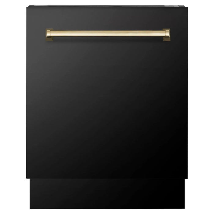 ZLINE Kitchen Appliance Packages ZLINE Autograph Edition 4-Piece Appliance Package - 48-Inch Gas Range, Refrigerator with Water Dispenser, Wall Mounted Range Hood, & 24-Inch Tall Tub Dishwasher in Black Stainless Steel with Gold Trim (4KAPR-RGBRHDWV48-G)