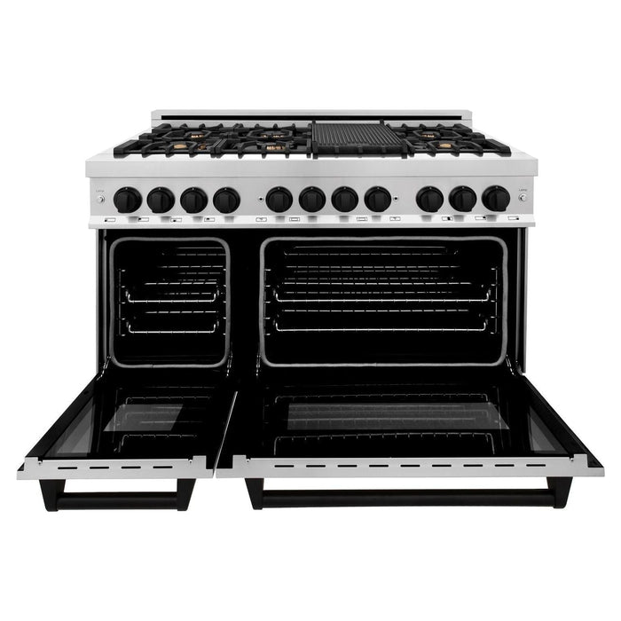 ZLINE Autograph Edition 48 in. 6.0 cu. ft. Dual Fuel Range with Gas Stove and Electric Oven In Stainless Steel with Matte Black Accents RAZ-48-MB