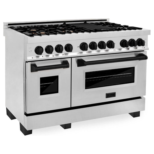 ZLINE Autograph Edition 48 in. 6.0 cu. ft. Dual Fuel Range with Gas Stove and Electric Oven In Stainless Steel with Matte Black Accents RAZ-48-MB