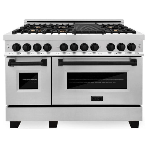 ZLINE Autograph Edition 48 in. 6.0 cu. ft. Dual Fuel Range with Gas Stove and Electric Oven In Stainless Steel with Matte Black Accents RAZ-48-MB