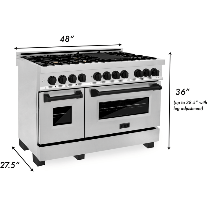 ZLINE Autograph Edition 48 in. 6.0 cu. ft. Dual Fuel Range with Gas Stove and Electric Oven In Stainless Steel with Matte Black Accents RAZ-48-MB