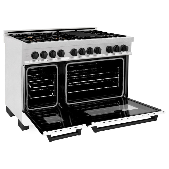 ZLINE Autograph Edition 48 in. 6.0 cu. ft. Range with Gas Stove and Electric Oven In DuraSnow with White Matte Door and Matte Black Accents RASZ-WM-48-MB