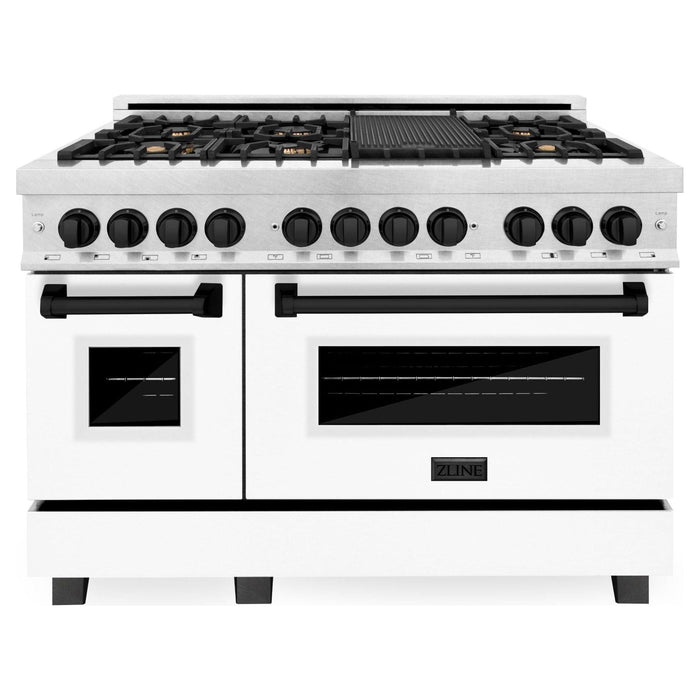 ZLINE Autograph Edition 48 in. 6.0 cu. ft. Range with Gas Stove and Electric Oven In DuraSnow with White Matte Door and Matte Black Accents RASZ-WM-48-MB