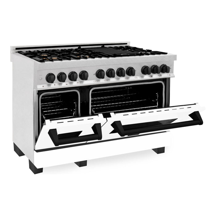 ZLINE Ranges ZLINE Autograph Edition 48 in. 6.0 cu. ft. Range with Gas Stove and Electric Oven In DuraSnow with White Matte Door and Matte Black Accents RASZ-WM-48-MB
