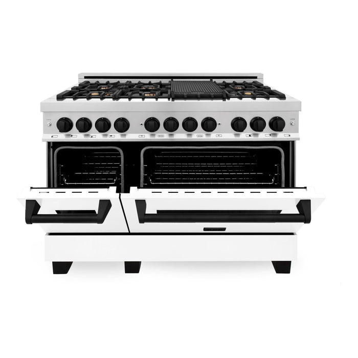 ZLINE Autograph Edition 48 in. 6.0 cu. ft. Range with Gas Stove and Electric Oven In Stainless Steel with White Matte Door and Matte Black Accents RAZ-WM-48-MB